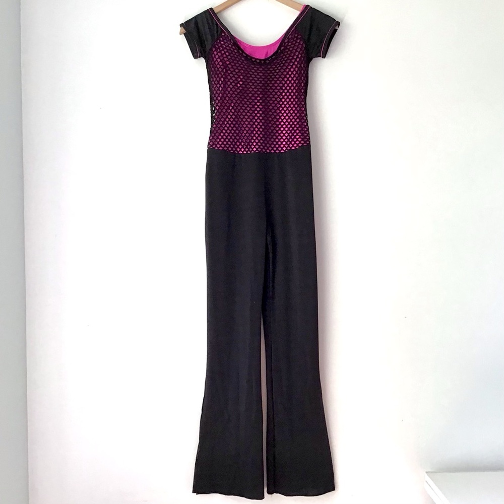 Figure Skating Costume Dance Outfit Jumpsuit Womens Size S Black Mesh Pink Tank